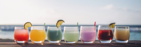Glasses of tropical juices and smoothies on the background of the sea. Generative AIの素材