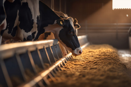 concept of agriculture, farming and animal husbandry. a herd of cows using hay in barns on a dairy farm. Generative AIの素材