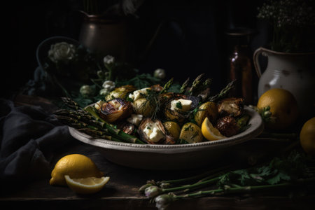 plate of asparagus grilled with vegetables on a dark background .rustic style. Generative AIの素材