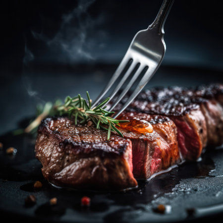medium-rare beef steak close-up on a black plate on a wooden table. Generative AIの素材