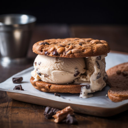 sandwich ice cream with raisins, nuts and pieces of fruit and chocolate on a board on a dark background. Generative AIの素材