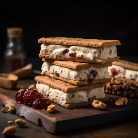 sandwich ice cream with raisins, nuts and pieces of fruit and chocolate on a board on a dark background. Generative AIの素材