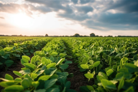 Green ripening soybean field, agricultural landscape. Agriculture concept. Generative AIの素材