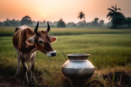 cattle pasture, Indian cow in the meadow.Neural network AI generatedの素材
