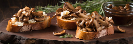 Toast with fried mushrooms, onions, thyme and parmesan cheese close-up on the table. Generative AIの素材