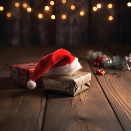Christmas gift and Hat Santa lie on a wooden table .Christmas and New Years decor. Generative AIの素材