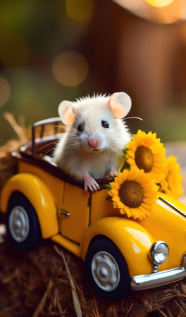a cute little mouse rides in a car with sunflowers. greeting card . Generative AIの素材