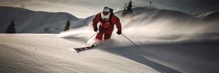 Santa Claus with a white beard in glasses and a helmet descends a snowy high slope with gifts for Christmas . Generative AIの素材