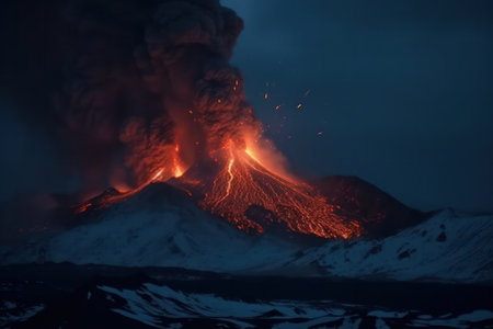there was a powerful volcanic eruption at night with the release of ash and lava. Generative AIの素材