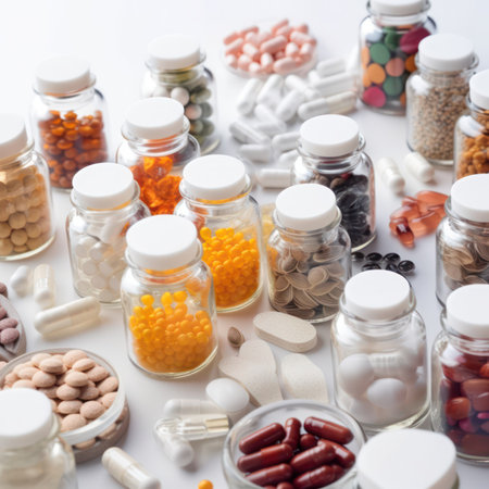 Lots of pills, pills and nutritional supplements on a white table. Generative AIの素材