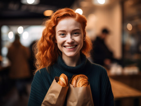 young happy woman carefully holding a craft paper bag with groceries bought in the store. generative AIの素材