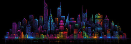 city embankment at night with skyscrapers illuminated over a river with reflections. Generative AIの素材