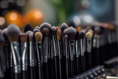 makeup brushes at the workplace of the make-up artist next to the cosmetics. Neural network AI generated.の素材