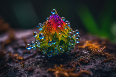 Large beautiful drops of transparent rain water on a green leaf macro. Water droplets sparkle glare in the morning sun. Beautiful texture of leaves in nature. Natural background, Generative AIの素材