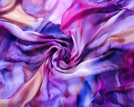 Photo of hand-painted silk fabric. Printed silk scarf. Textile design. Fabric dyeing, silk painting. Self made. .background or wallpaper. Generative AIの素材