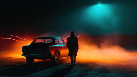 silhouette of a man walking towards the car in the backlight of a multi-colored fog Dramatic frame. Generative AIの素材