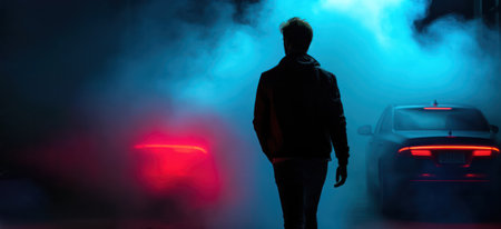 silhouette of a man walking towards the car in the backlight of a multi-colored fog Dramatic frame. Generative AIの素材