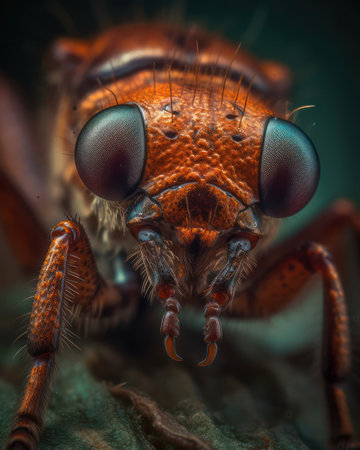 Extremely clear and detailed image of the head of an unknown insect, microscope, Generative AIの素材