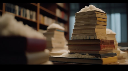 a stack of books lies in the snow and covered with snow against the background of the library. Generative AIの素材