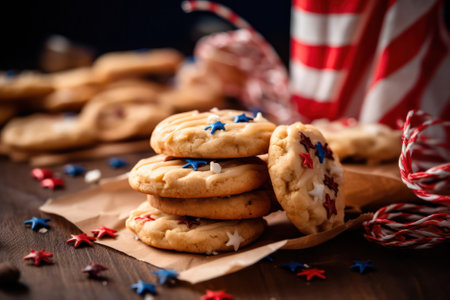 Happy USA Flag Day Homemade cookies with a pattern lies on a wooden table against the background of the American flag.の素材