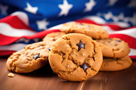 Happy USA Flag Day Homemade cookies with a pattern lies on a wooden table against the background of the American flag.の素材