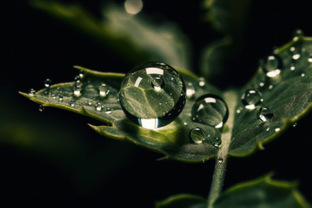 Large beautiful drops of transparent rain water on a green leaf macro. Water droplets sparkle glare in the morning sun. Beautiful texture of leaves in nature. Natural background, Generative AIの素材
