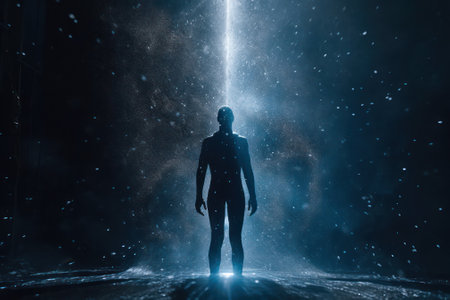 image of a silhouette of a person standing in front of a column of bright light, the concept of transformation, mysticism and travel between worlds. Generative AIの素材