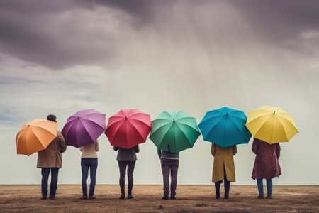people under umbrellas of different colors against a cloudy sky, rear view.diversity concept. Generative AIの素材