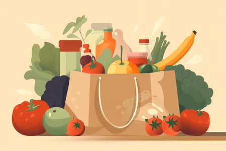 Paper bag with fresh vegetables and bread on color background.Generative AIの素材