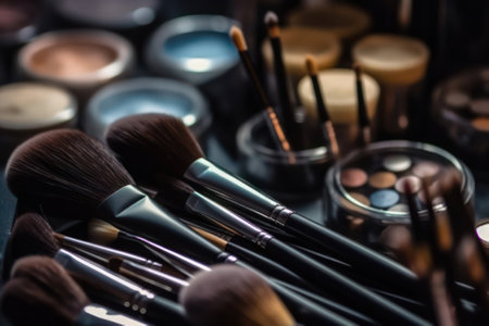 makeup brushes at the workplace of the make-up artist next to the cosmetics. Neural network AI generated.の素材