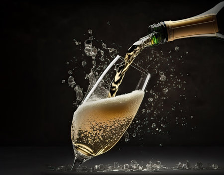 one glass of champagne, toasting at night with bokeh lights, sparkles and sparks in the background.pleasant festive atmosphere. generative AIの素材