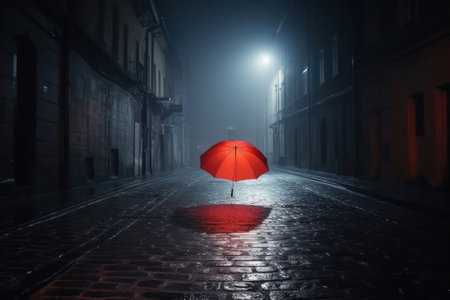 red umbrella on a dark foggy night in the light of a lantern in the rain. generative AIの素材
