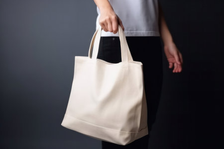 a womans hand holds a white textile eco bag. The concept of ecology or environmental protection. White eco bag for mockup. Generative AIの素材