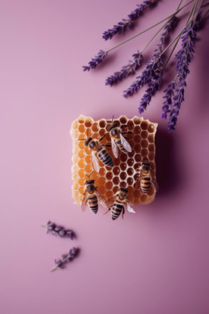 Composition of honeycombs with lavender honey and dried lavender on a light background and bees. Generative AIの素材