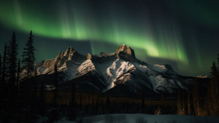 Northern lights over the mountain near the lake. Generative AIの素材