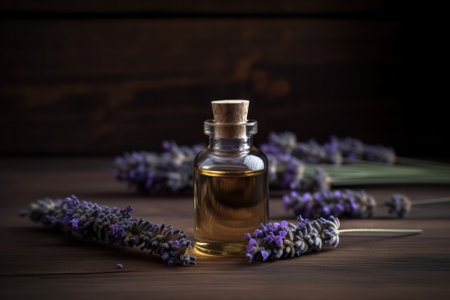 Herbal oil and lavender flowers on a wooden background. Generative AIの素材