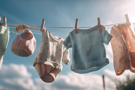 washed clothes hanging on a clothesline in the street on a sunny day. Washday. Generative AIの素材