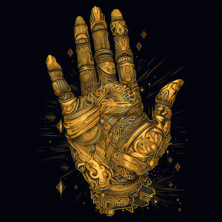 golden metal hand with signs applied to it .design runes ,signs , symbols. Generative AIの素材