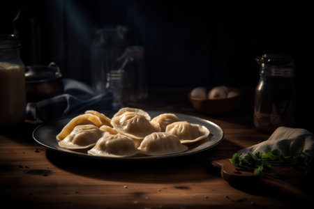 boiled dumplings on a black plate close-up on a wooden table. Home kitchen. Rustic style. generative AIの素材