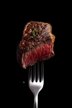 fork with slices of medium rare steak and place for text on black background. Delicious meat. generative AIの素材