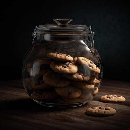 Were going to have cookies with pieces of chocolate in a glass jar on a dark background. Render. generative AIの素材