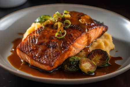 Grilled salmon fillet with vegetables and sauce. generative AIの素材
