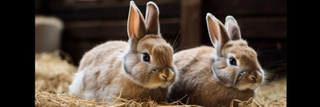 two adorable brown rabbits eat food and sit on dried grass in a rabbit farm. Household and ecology concept.generative AIの素材