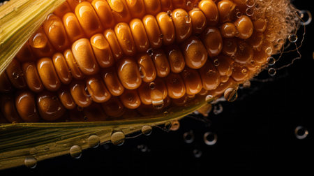 ripe golden corn cob with large drops of water on a dark background. generative AIの素材