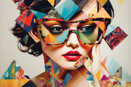 colorful magazine collage with a model in sunglasses on a bright multicolored geometric background. Generative AIの素材