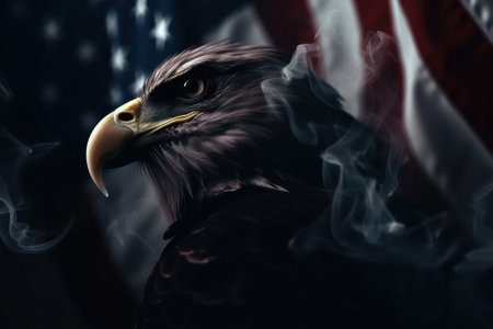 North American bald eagle with smoke on the background of the American flag. Generative AIの素材
