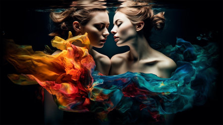 Gentle touches of two young women underwater in bright transparent dresses. Generative AIの素材