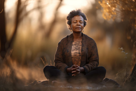 african american woman meditate outdoors in the park in the shade of trees. Generative AIの素材
