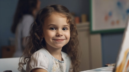 a happy girl smiles next to an easel and paints. is engaged in drawing in an art class.concept of education and creativity.の素材