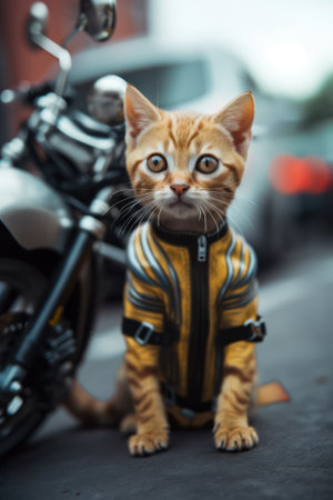 cute tabby motorcycle rider kitten next to his motorcycle. Generative AIの素材